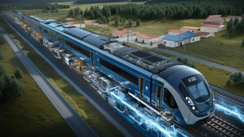 Blue Electric Train Moving Through Countryside - Grid-like Structures Artwork