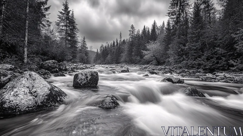 AI ART Black and White River Scene with Trees and Boulders