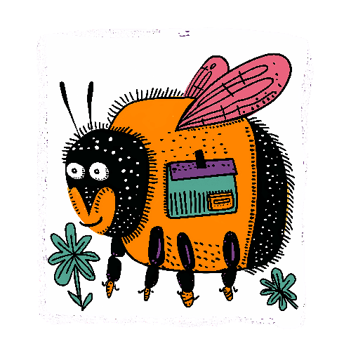 Cartoon Bee Illustration with Striped Wings and Four-Leaf Clovers POD Design