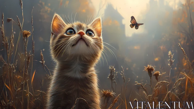 Kitten in Sunlit Field with Butterfly AI Image