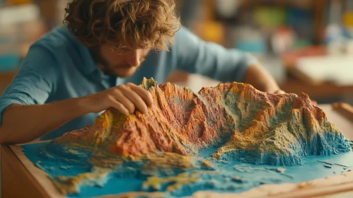 Man Inspecting Colorful Terrain Model