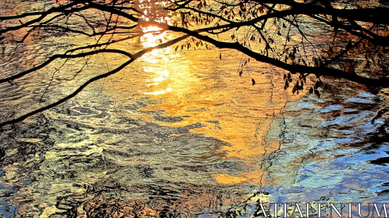 AI ART Sunset on Water with Tree Branch Silhouette