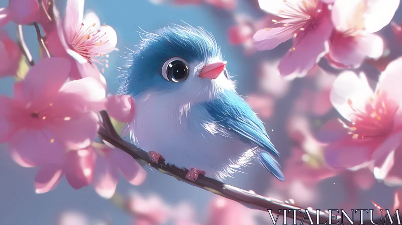 Whimsical Bird on Blossoming Branch AI Image