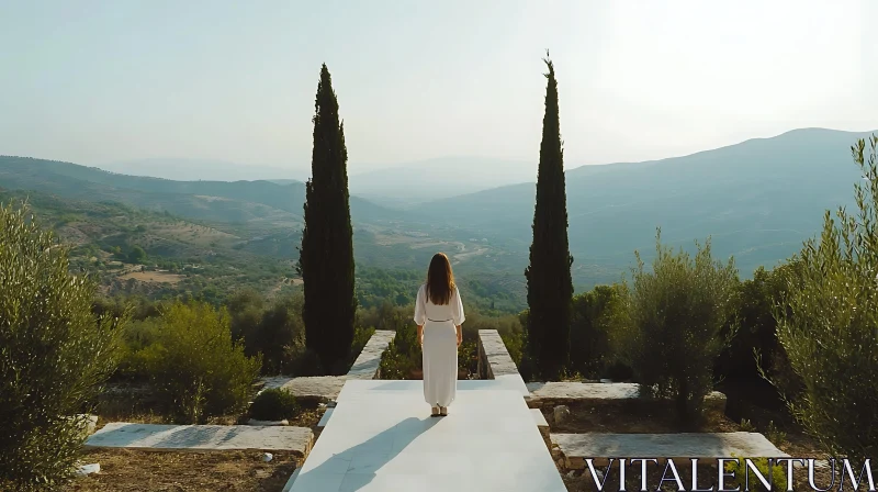 Scenic Mountain View with Woman in White AI Image