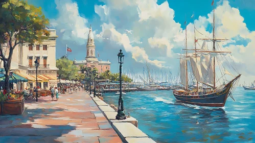 Coastal Cityscape with Sailing Vessel
