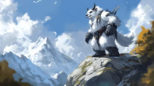 Fantasy Creature Overlooking Snowy Mountains