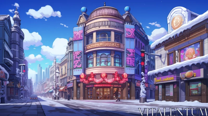 Festive Cityscape in Snow - Cartoon Styled Anime Artwork AI Image