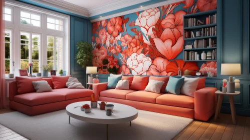 Floral Themed Living Room with Vibrant Monochromatic Color Scheme