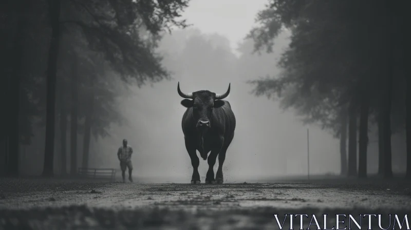 Foggy Forest Bull - A Monotone Street Photography Masterpiece AI Image