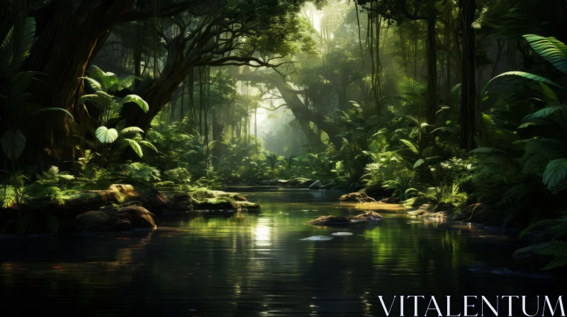 Lush Green Jungle Forest with River - Exotic Tropical Landscape AI Image
