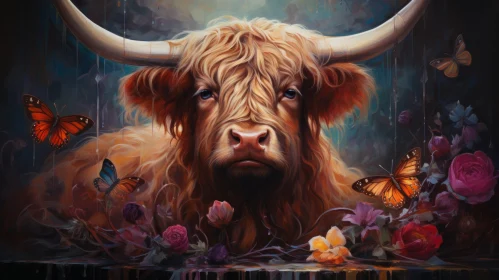 Realistic Fantasy Artwork of Bull and Flowers in Scottish Landscapes