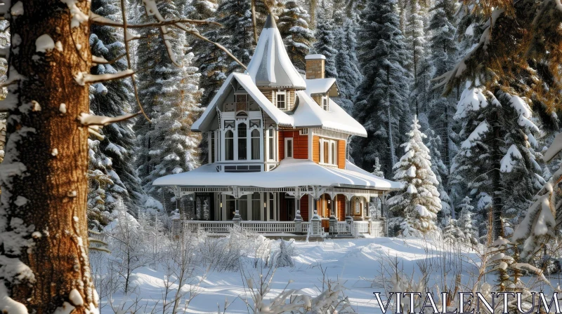 Winter Landscape: Snow-Covered Forest and Victorian-Style House AI Image