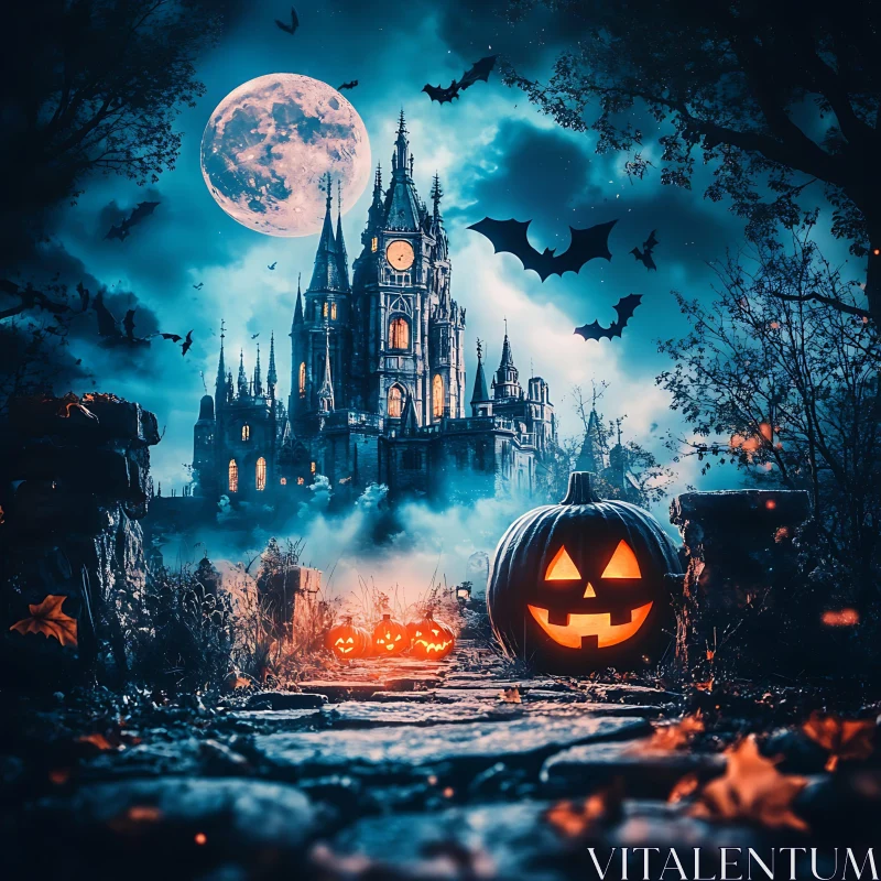 AI ART Spooky Halloween Castle with Moon