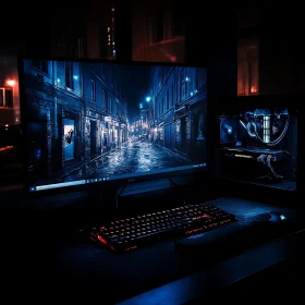 Advanced Desktop PC and Nighttime Cityscape