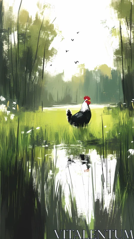 Rooster Amidst Greenery with Reflection AI Image