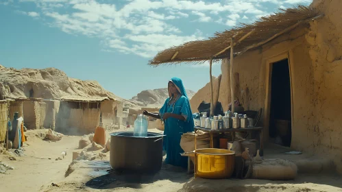 Woman Pouring Water in Desert Village