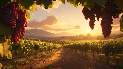 Picturesque Vineyard at Sunset with Ripe Grapes