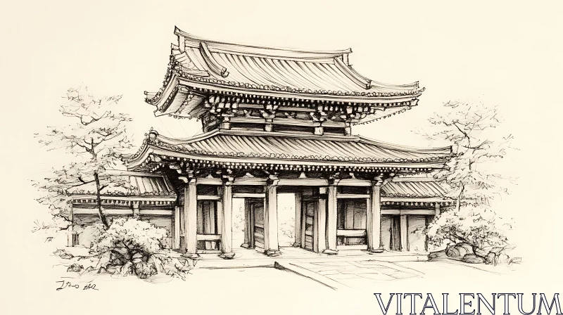 AI ART Monochrome Asian Architecture Illustration