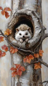 Hedgehog Peeking from Tree Hollow