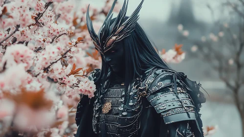 Armored Warrior Among Pink Flowers