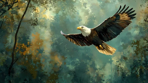 Eagle Soaring in Forest Scene