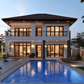 Elegant Evening View of Contemporary Home with Pool