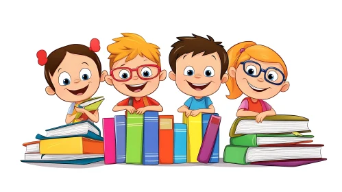 Cartoon Kids Reading Books Illustration