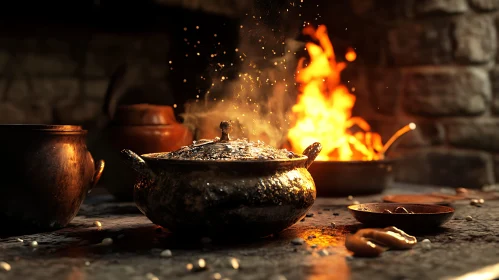 Warm Fireplace Cooking Still Life