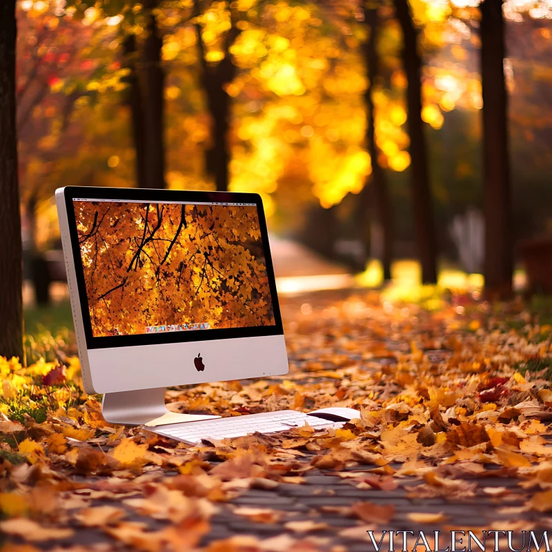 Autumn Forest with Computer Screen Reflection AI Image