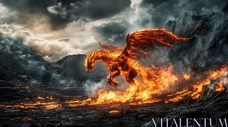 Winged Fire Beast Over Dark Terrain AI Image