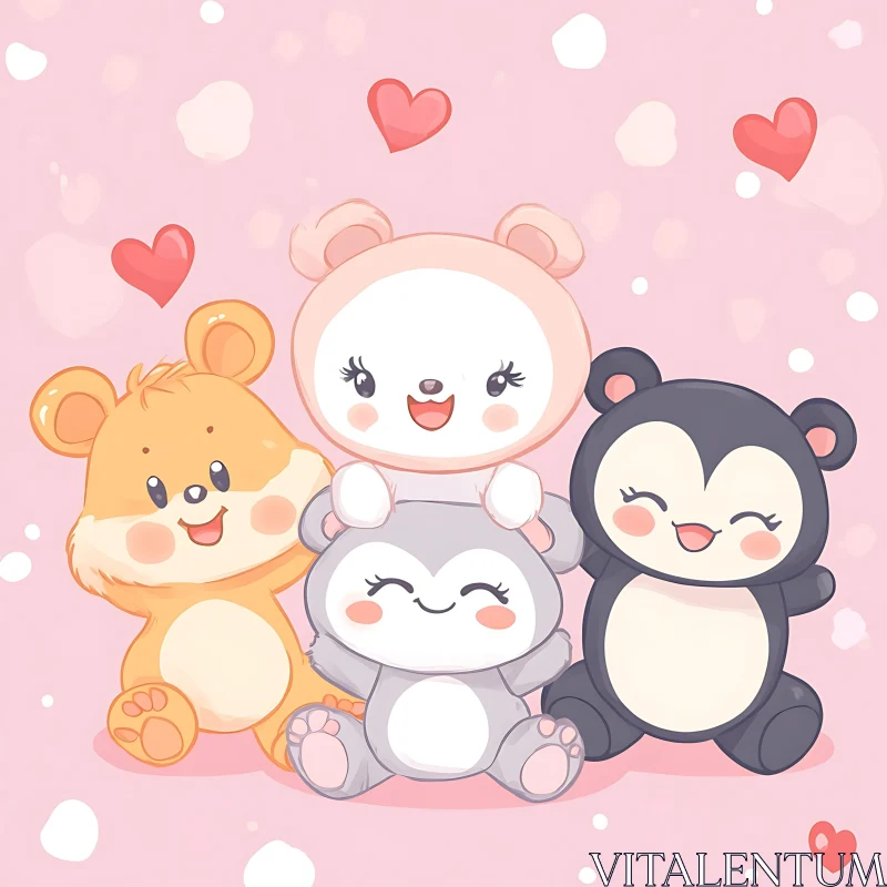 Cute Cartoon Chibi Animals with Hearts AI Image