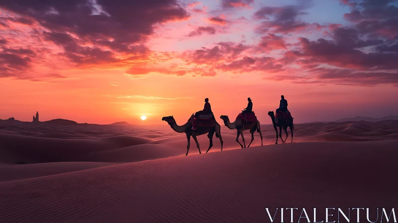 AI ART Camels ride in the desert at sunset