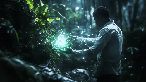 Man Holding Light in Forest