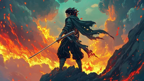 Fierce Warrior with Sword in Burning Landscape