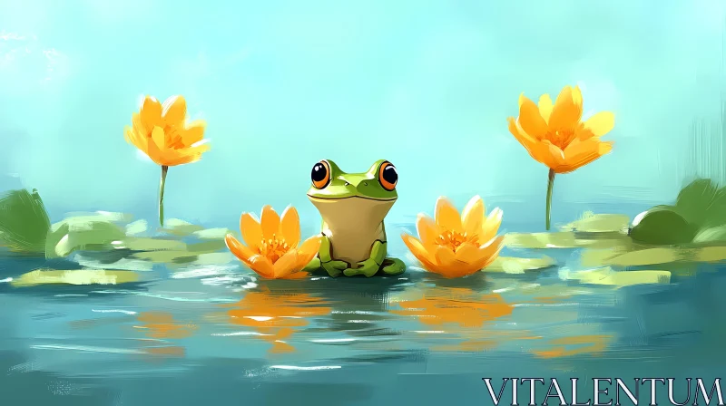 Frog and Flowers in a Pond AI Image