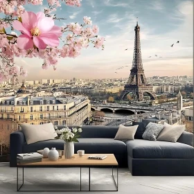 Parisian Living Room with Eiffel Tower Mural