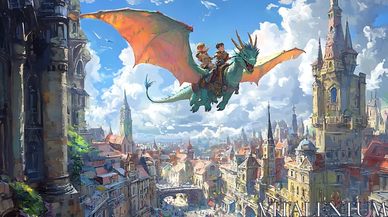 Children Riding Dragon Above City AI Image