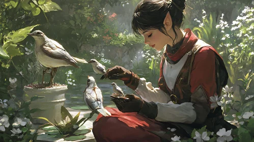 Fantasy Elf Feeding Birds Art