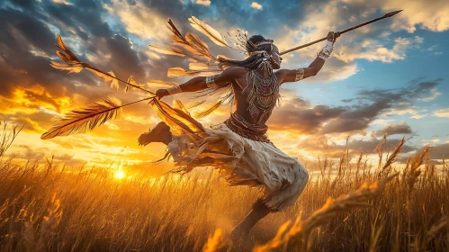 Tribal Warrior Sunset Spear Throw