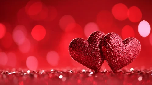 Two Glitter Hearts on Red Bokeh Background