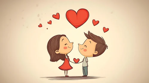 Charming Cartoon Romance with Floating Hearts