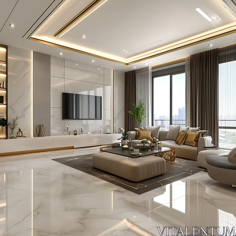 Elegant Living Room with Marble Floors and Urban Panorama AI Image