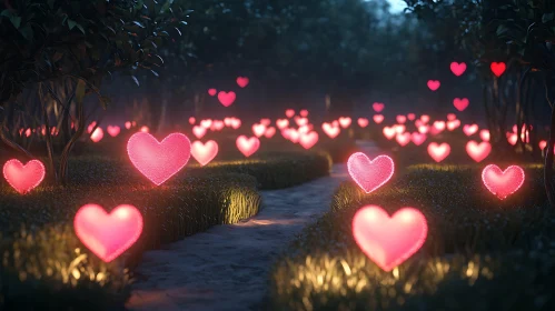 Glowing Hearts in Forest - Whimsical Love