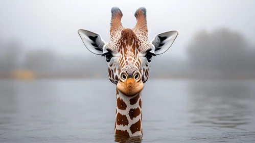 Peaceful Giraffe in Misty Waters