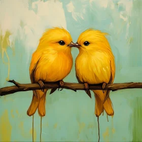 Yellow Birds Touching Beaks on Branch