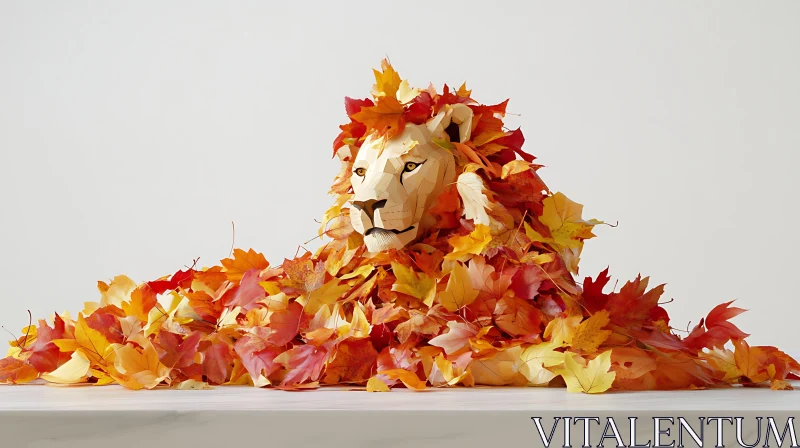 AI ART Paper Lion with Fall Foliage