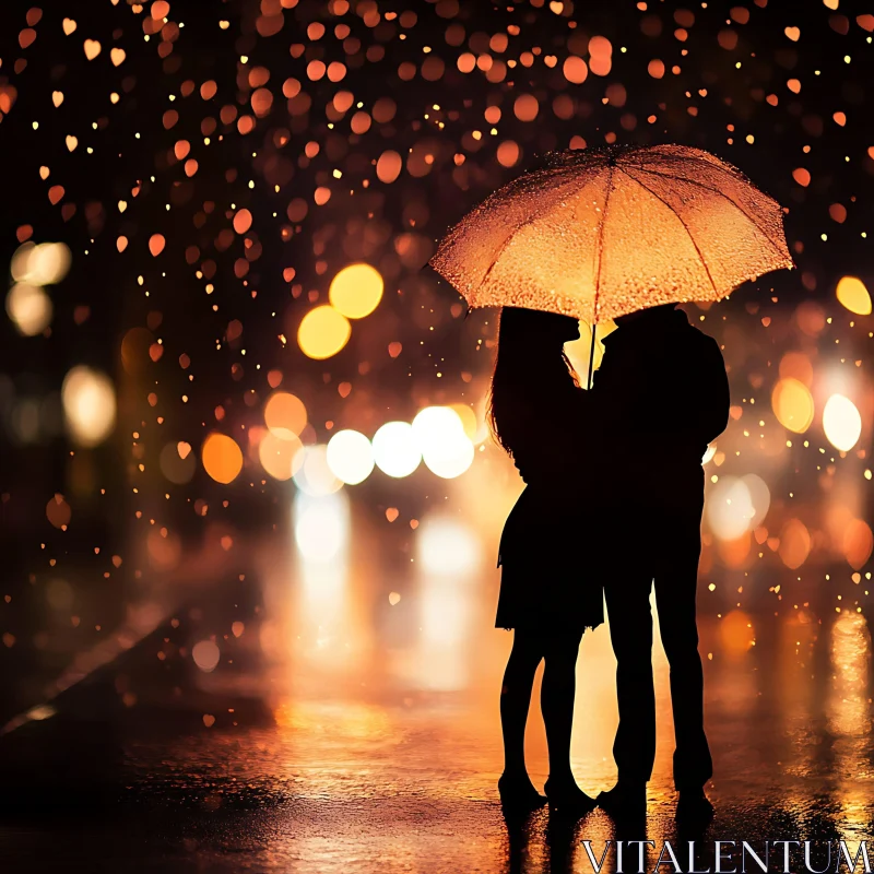 Silhouette of Couple Under Umbrella in Rain AI Image