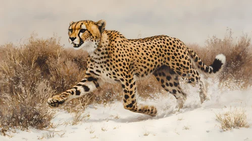 Cheetah Sprinting Amid Snow