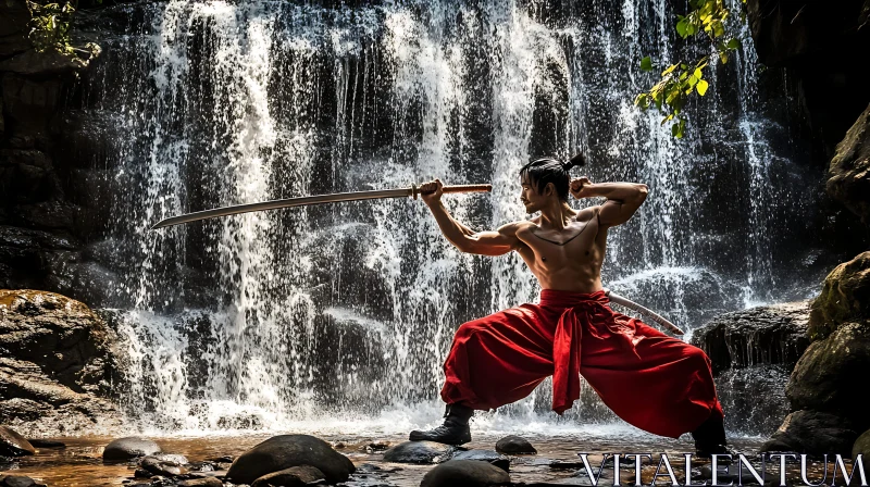 AI ART Man Posing with Sword near Waterfall