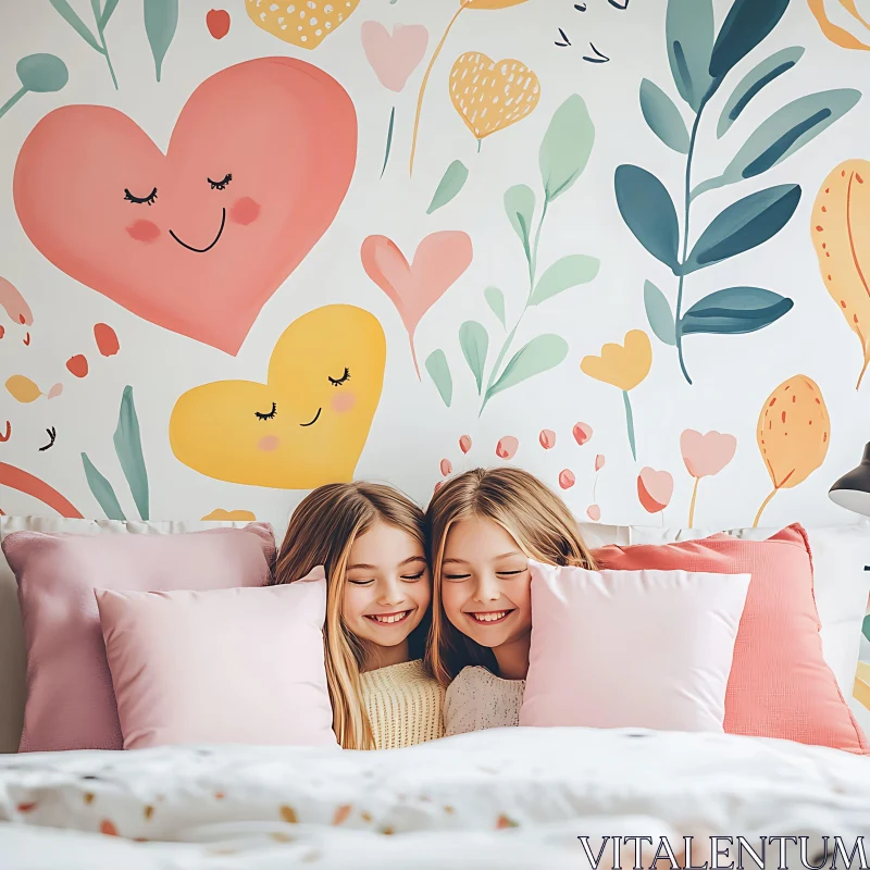 AI ART Smiling Girls in Bed with Hearts